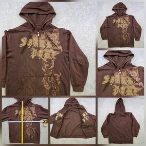 SouthPole Hoodie Mens Large? Brown Full Zip Eagle Graphic Streetwear Sweatshirt